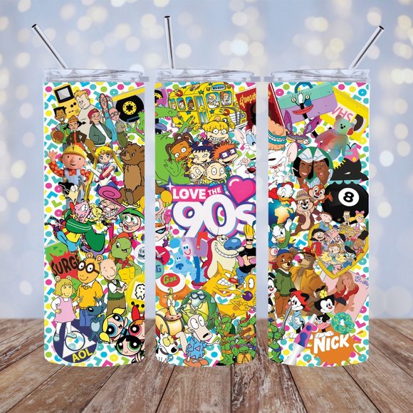 90s cartoons skinny tumbler drinking cup 20 Oz. with ice topper. - Picture 4 of 5